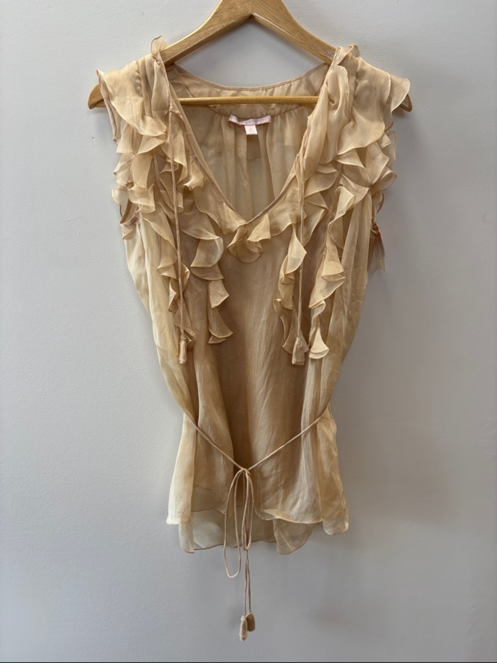 Rebecca Taylor Beige Ruffle V-Neck Tie Waist Blouse